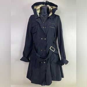 Sugar Lips Women’s Trench Coat Hoodie Size Medium Black Zip Down Button Closure